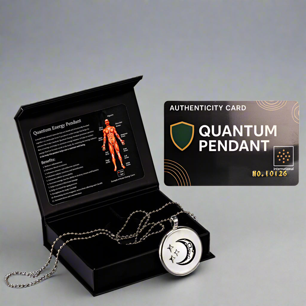 Quantum Energy Pendant with packaging and authenticity card on a white background