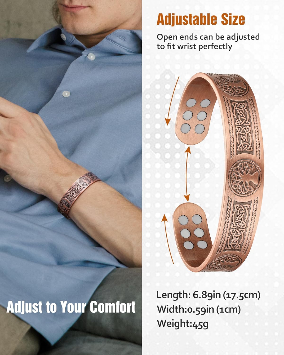 Men's Pure Copper Magnetic Bracelet – Adjustable Tree of Life Engraved Design